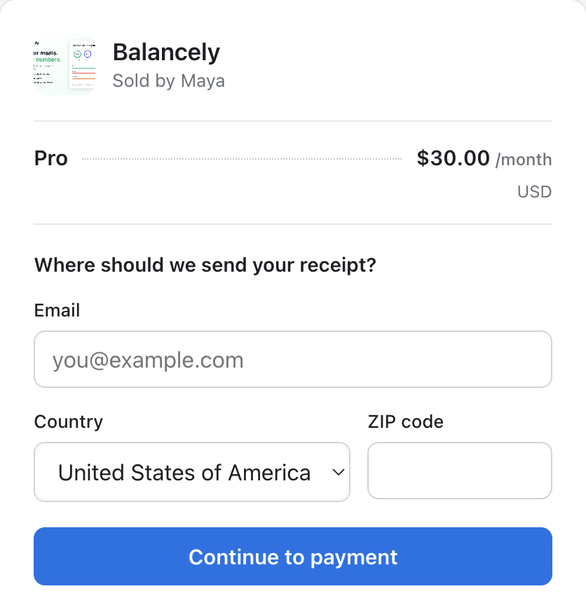 The hosted buy page: the app's name and icon, the plan and monthly price, an email field, country and ZIP, and a Continue to payment button.